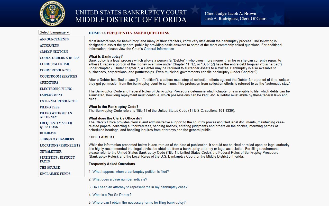 Middle District Florida Bankruptcy Court FAQ page
