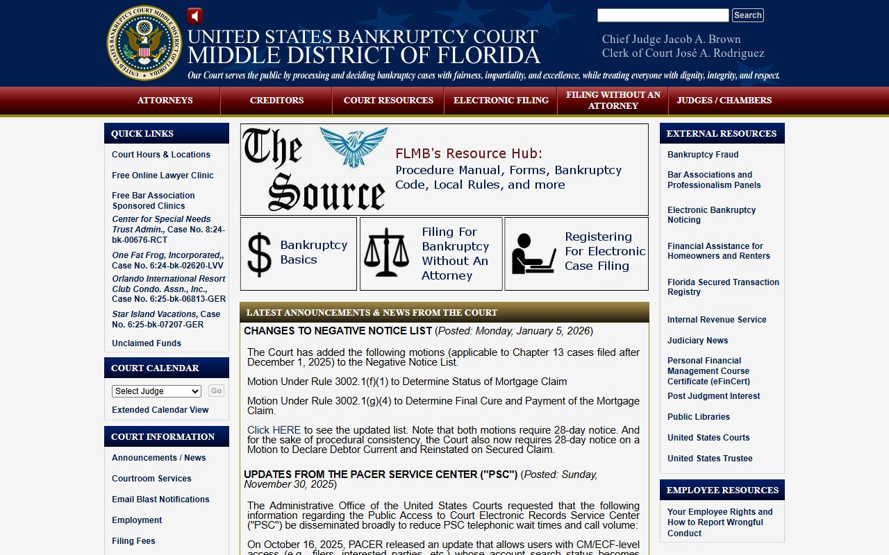 Middle District of Florida Bankruptcy Court homepage for Florida bankruptcy records