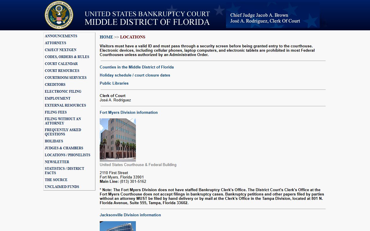 Middle District Florida Bankruptcy Court locations and offices