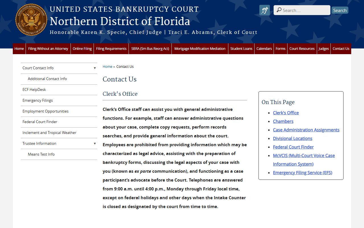 Northern District Florida Bankruptcy Court contact information