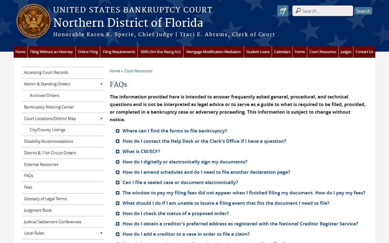 Northern District Florida Bankruptcy Court frequently asked questions