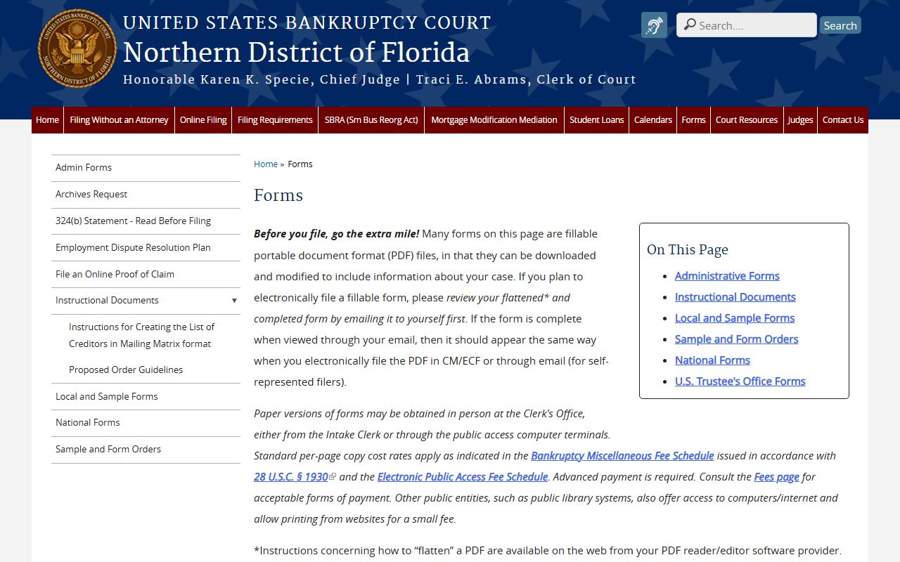 Northern District Florida Bankruptcy Court forms page