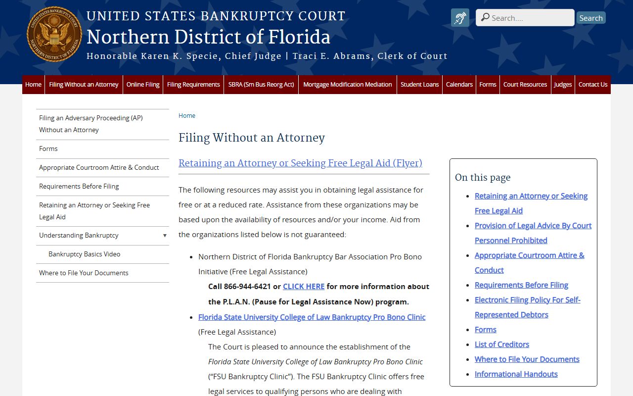 Northern District Florida Bankruptcy Court pro se filing information