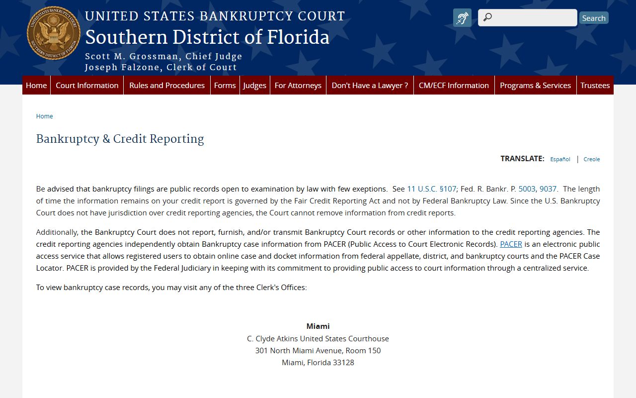 Southern District Florida Bankruptcy Court credit reporting information