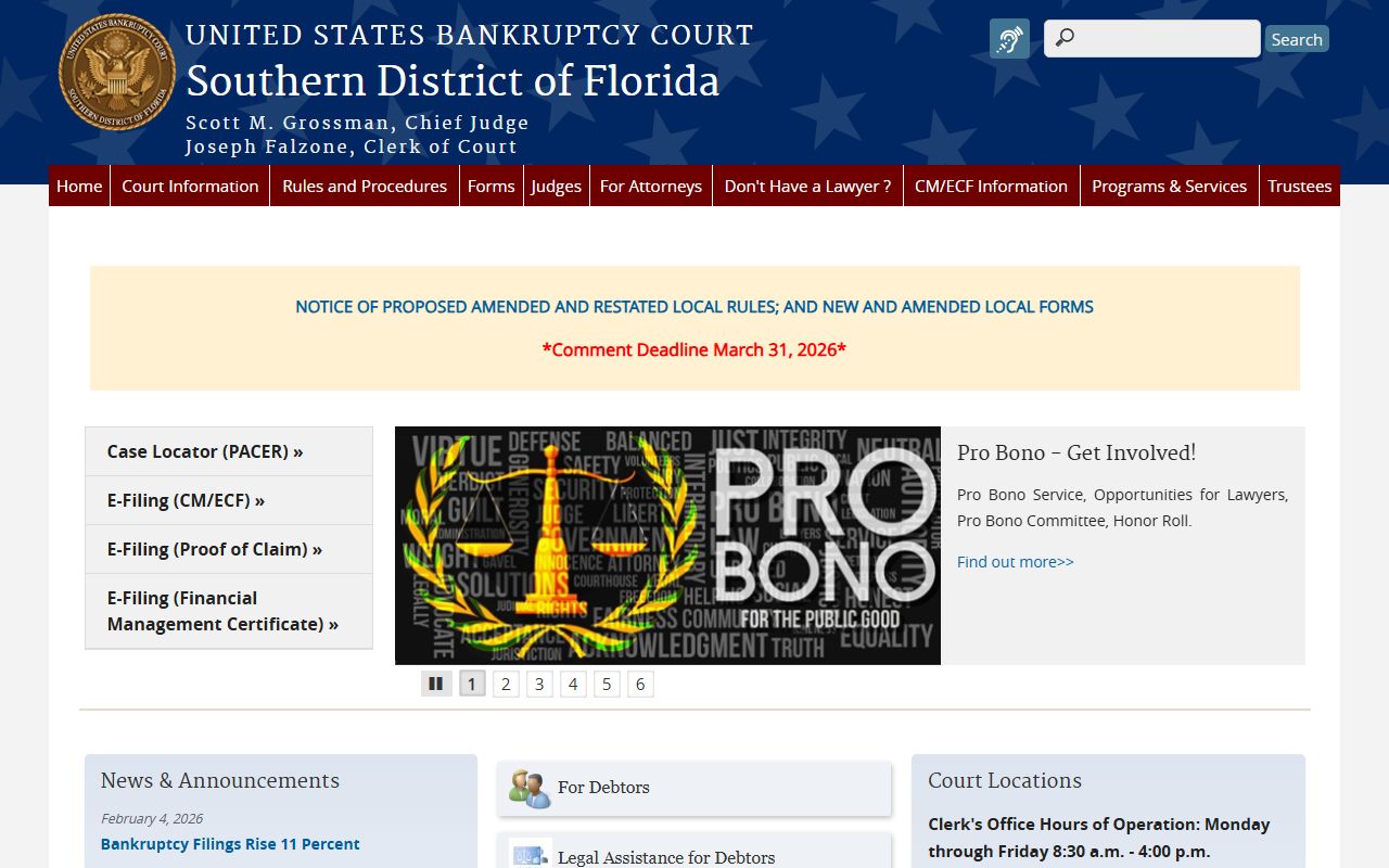 Southern District of Florida Bankruptcy Court homepage for Florida bankruptcy records