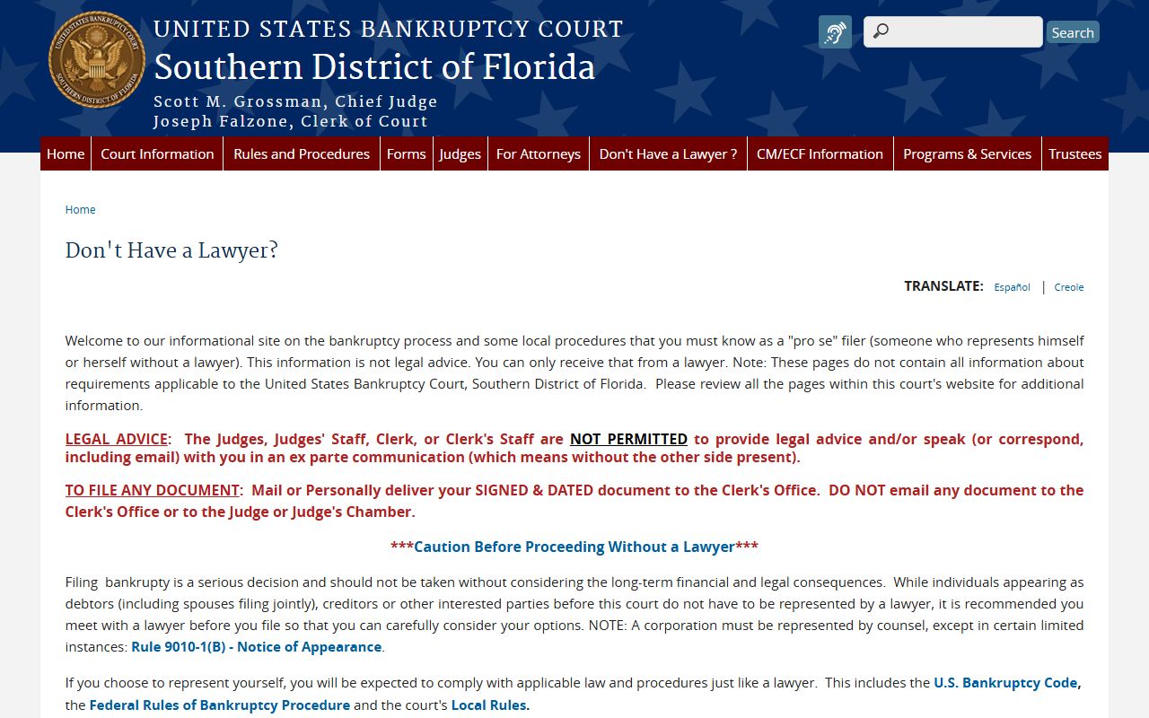 Southern District Florida Bankruptcy Court pro se filing resources